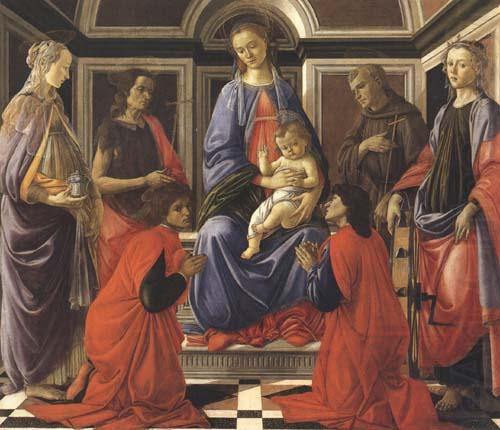 Madonna enthroned with Child and Saints (Mary Magdalene,John the Baptist,Cosmas and Damien,Sts Francis and Catherine of Alexandria), Sandro Botticelli